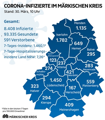 Corona-Lagekarte Mittwoch, 30. März 2022. Grafik: Märkischer Kreis 