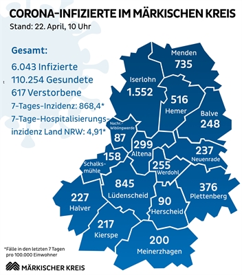 Lagekarte zur Corona-Situation im Märkischen Kreis vom 22. April 2022. Grafik: Märkischer Kreis