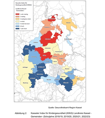 Abbildung 2: Kasseler Index für Kindergesundheit Landkreis Kassel  - Gemeinden und Schuljahre 