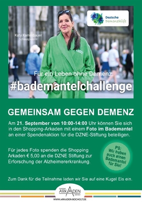 Welt-Alzheimertag am Samstag, 21. September: Spenden-Aktion für den guten Zweck - Bademantel-Challenge ab 10 Uhr in Bocholt in den Shopping Arkaden